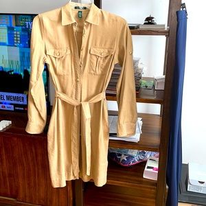 Ralph Lauren Tan Linen dress w/2 pockets at the top and 2 at the side.